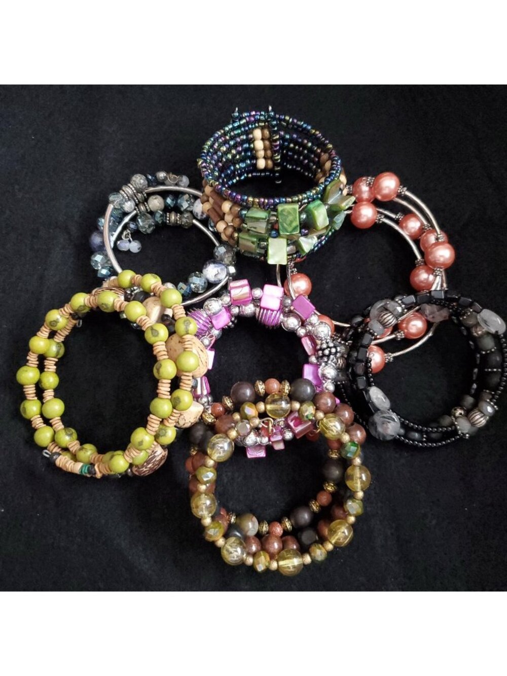Vintage Beaded Wrap Bracelet Lot of 7 Glass Stone Wood Shell